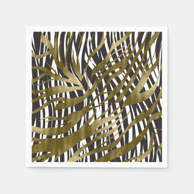 Black & Gold Zebra Print Safari Chic Glamour Napkin (Front)