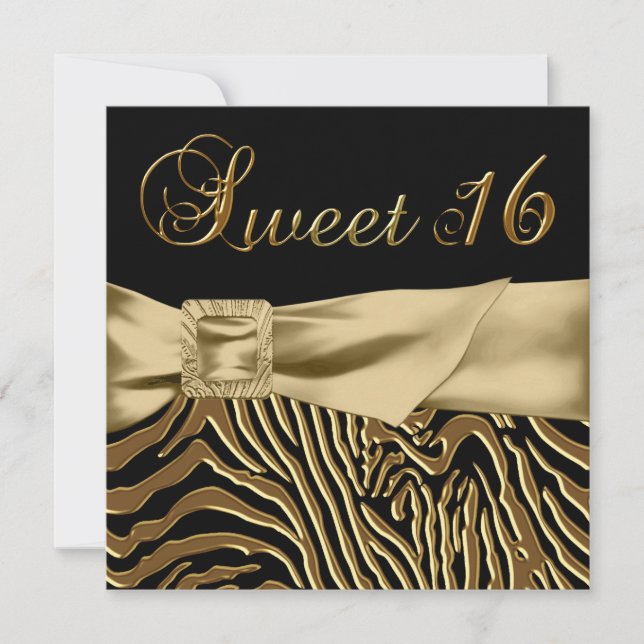 Black Gold Zebra Sweet 16 Birthday Party Invitation (Front)