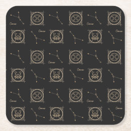 Black & Gold Zodiac Cancer Astrology Star Sign Square Paper Coaster