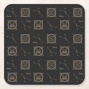 Black & Gold Zodiac Cancer Astrology Star Sign Square Paper Coaster