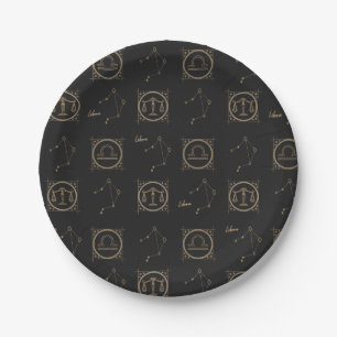 Black & Gold Zodiac Libra Astrology Star Sign Paper Plate