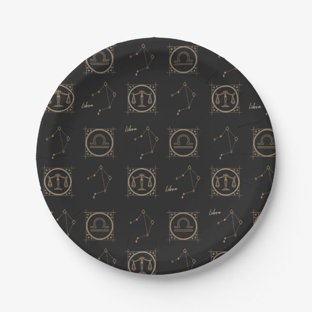 Black & Gold Zodiac Libra Astrology Star Sign Paper Plate (Front)