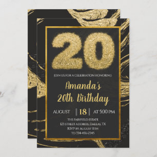 Black Golden 20th Birthday Invitation