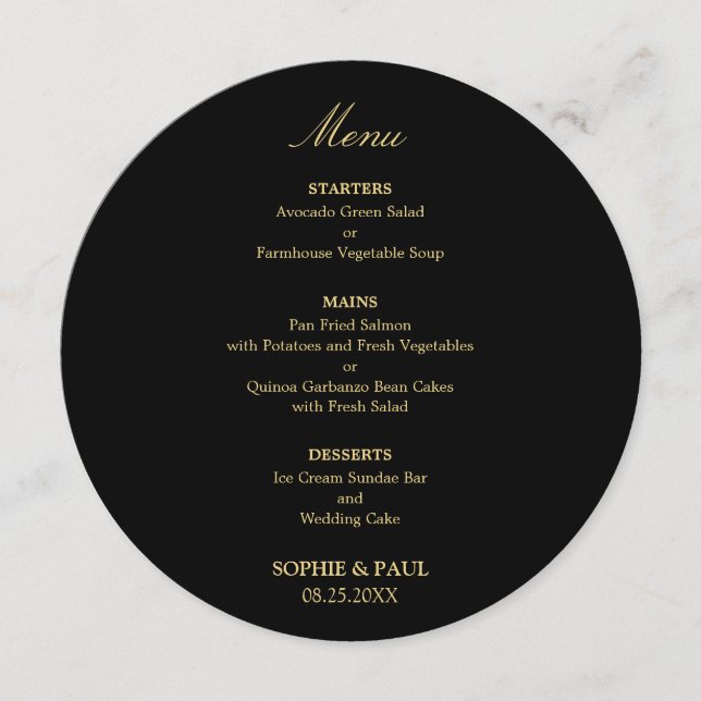 Black Golden Beige Round Wedding Menu (Front)
