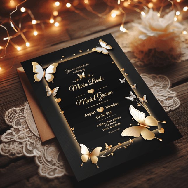 Black Golden butterflies wedding card (Creator Uploaded)