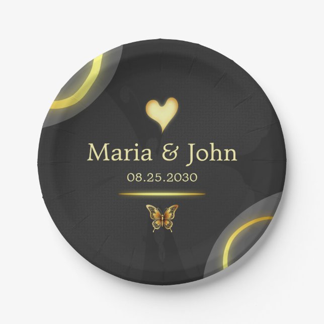 Black Golden butterfly Paper Plates (Front)