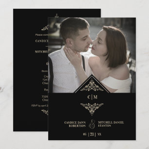 Black Golden Chic Lace Romantic Couple Wedding Invitation