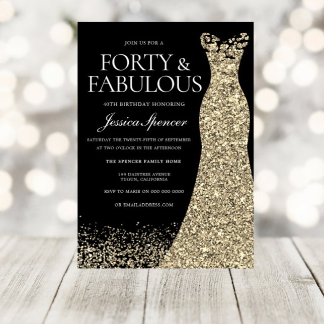 Black Golden Dress Womans 40th Birthday Party Invitation (Creator Uploaded)