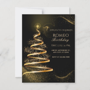 black golden elegant christmas tree BIRTHDAY Invitation