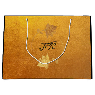Black Golden Foil Kraft Flowers Monogram Initials Large Gift Bag