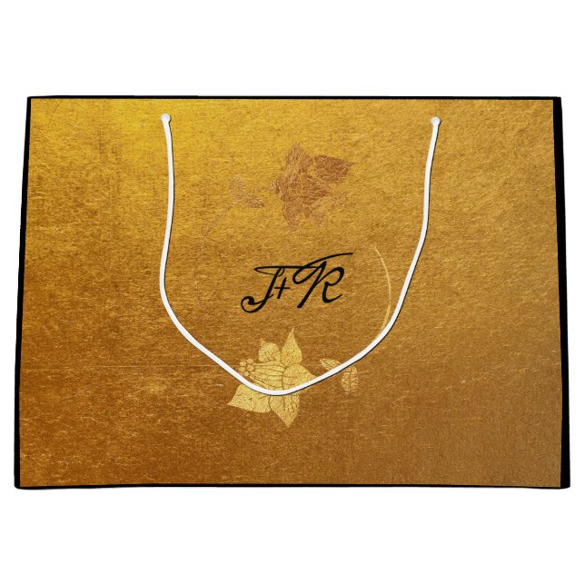 Black Golden Foil Kraft Flowers Monogram Initials Large Gift Bag (Front)