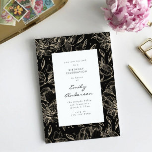 Black Golden Hand Drawn Floral Birthday Invitation