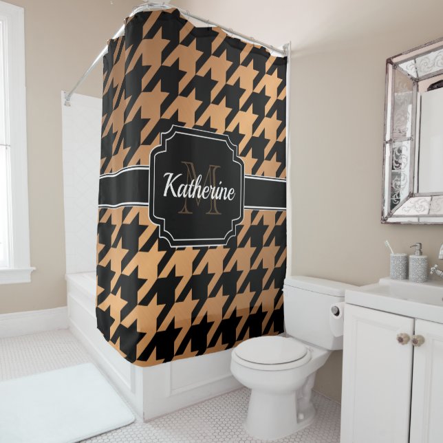Black & Golden Houndstooth Shower Curtain (In Situ)