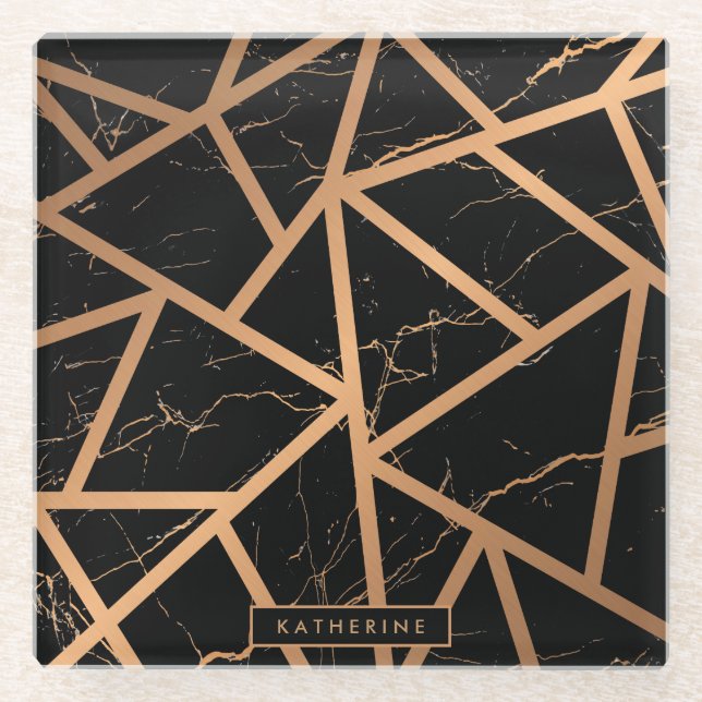 Black & Golden Marble Mosaic Glass Coaster (Front)