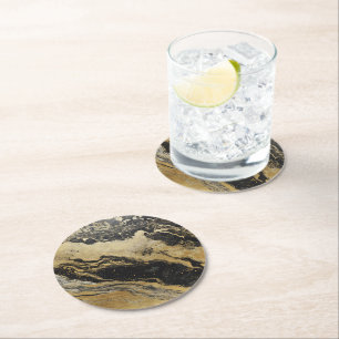 Black Golden Marble Pattern Round Paper Coaster