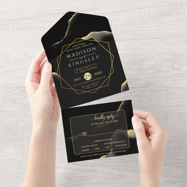 Black & Golden 💍 Modern Abstract Inky Oil All In One Invitation (Tearaway)