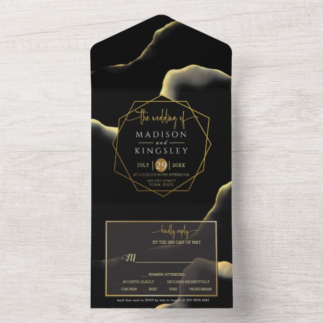 Black & Golden 💍 Modern Abstract Inky Oil All In One Invitation (Inside)