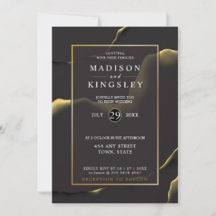Black & Golden 💍 Modern Abstract Inky Oil Invitation
