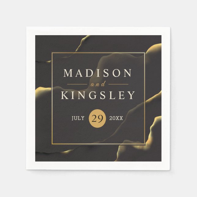 Black & Golden 💍 Modern Abstract Inky Oil Napkin (Front)