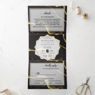 Black & Golden 💍 Modern Abstract Inky Oil Tri-Fold Invitation