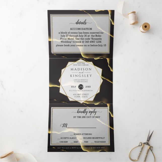 Black & Golden 💍 Modern Abstract Inky Oil Tri-Fold Invitation (Inside)