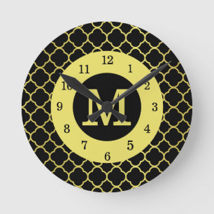 Black Golden Quatrefoil Monogrammed Round Clock