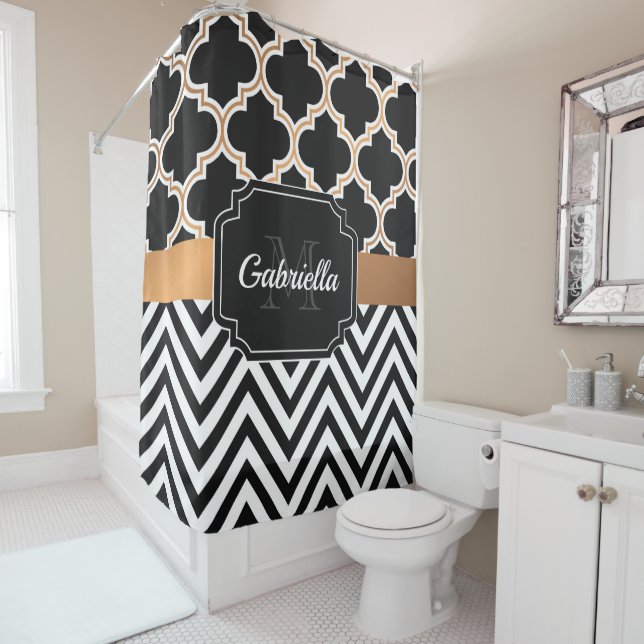 Black & Golden Quatrefoil Shower Curtain (In Situ)