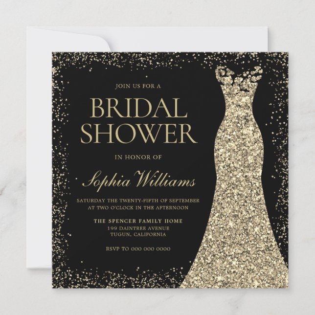Black Golden Sparkle Glitter Dress Bridal Shower Invitation (Front)