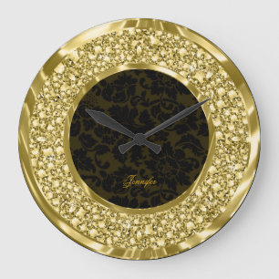 Black & Golden Sparkling Diamonds Glitter-Monogram Large Clock