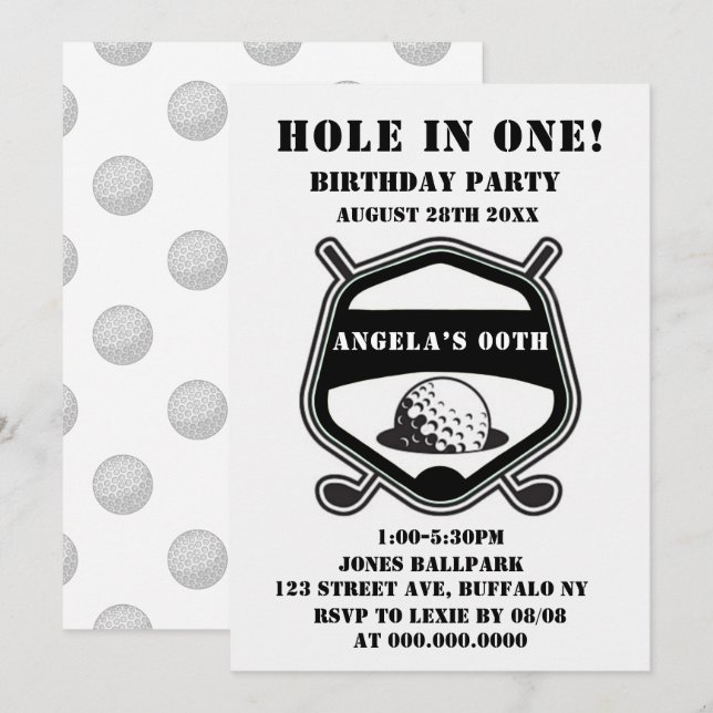 Black Golf Theme Birthday Party Invites (Front/Back)