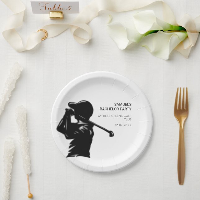 Black golfer Golfing Trip Bachelor Party minimal  Paper Plate (Wedding)
