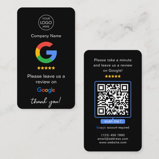 Black Google Reviews QR Code Business Review Us Business Card (Front/Back)