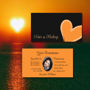 Black Gorgeous Orange Heart Modern with Photo Cute Business Card