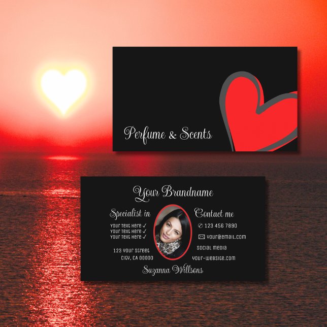 Black Gorgeous Red Heart Modern with Photo Cute Business Card (Creator Uploaded)