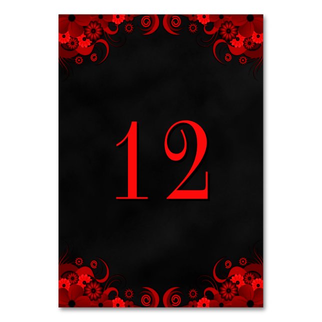 Black Goth Red Floral Reception Table Number Cards (Front)
