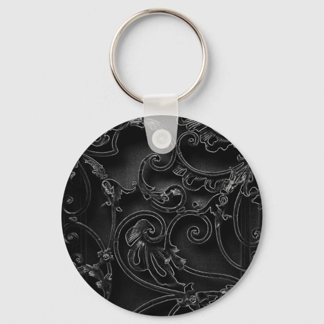 Black gothic baroque swirl pattern key ring (Front)