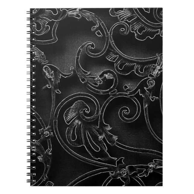 Black gothic baroque swirl pattern notebook (Front)
