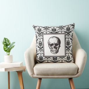 Black Gothic Damask Pattern Skull Halloween Cushion