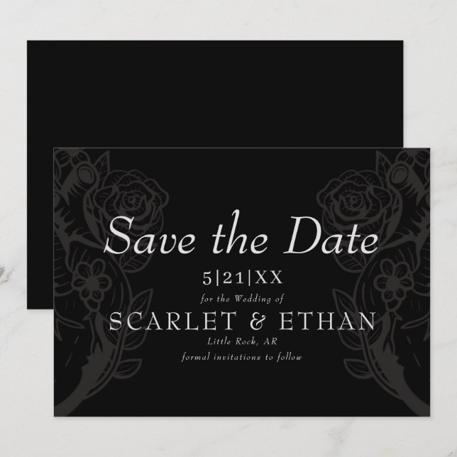 Black Gothic Floral Heart Modern Wedding Save The Date (Front/Back)
