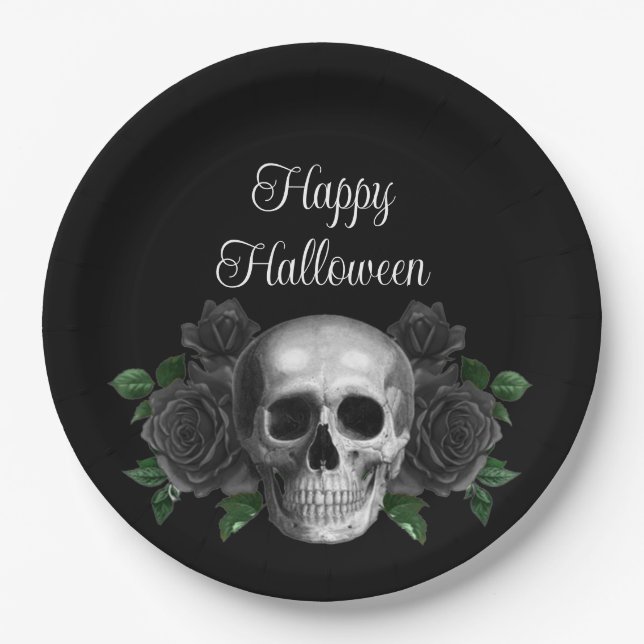 Black Gothic Floral Skull Halloween Paper Plate (Front)