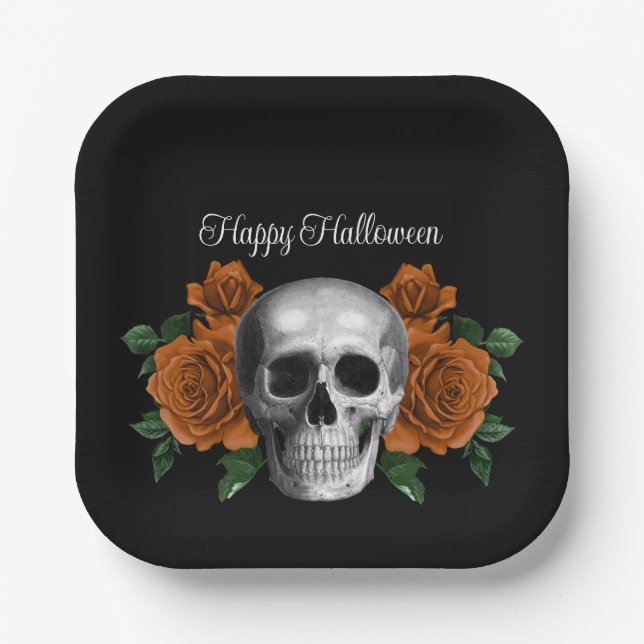 Black Gothic Floral Skull Halloween Paper Plate (Front)