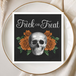 Black Gothic Floral Skull Trick Or Treat Halloween Napkin