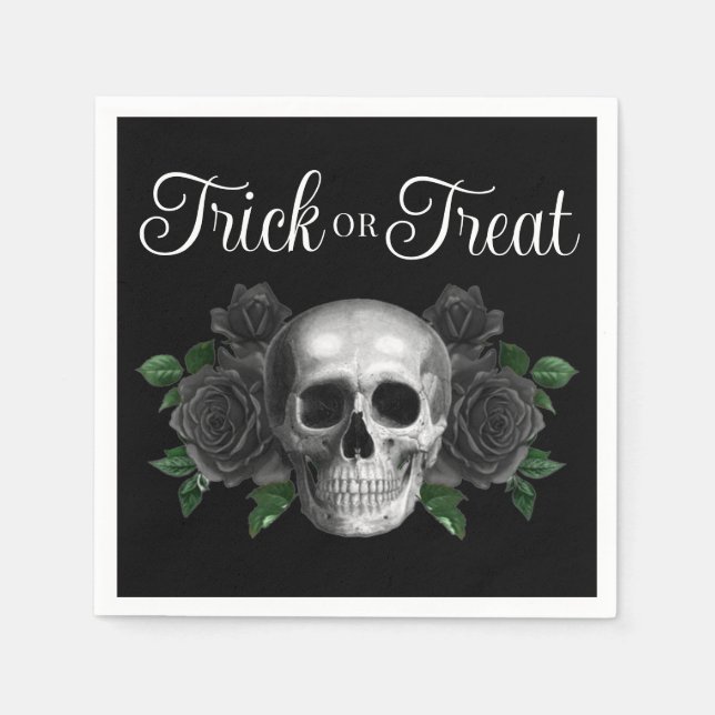 Black Gothic Floral Skull Trick Or Treat Halloween Napkin (Front)