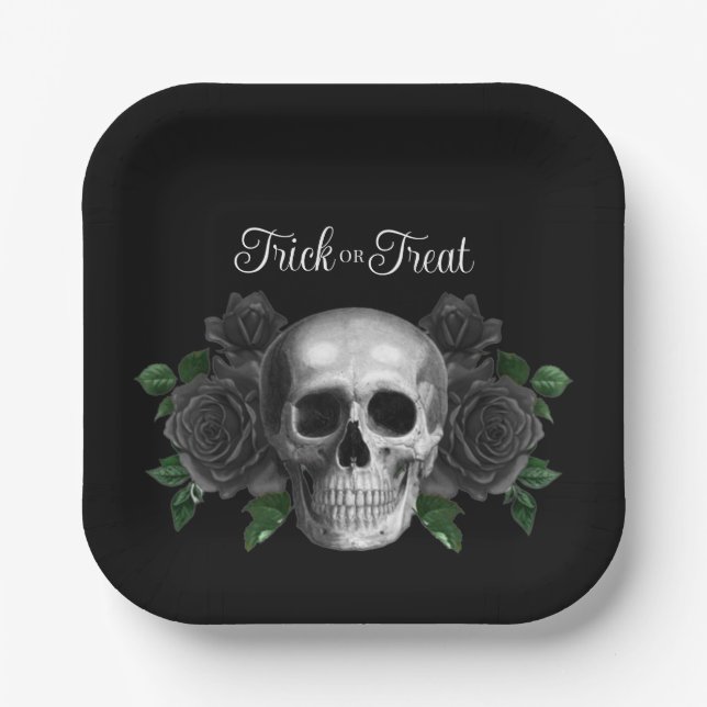 Black Gothic Floral Skull Trick Or Treat Halloween Paper Plate (Front)