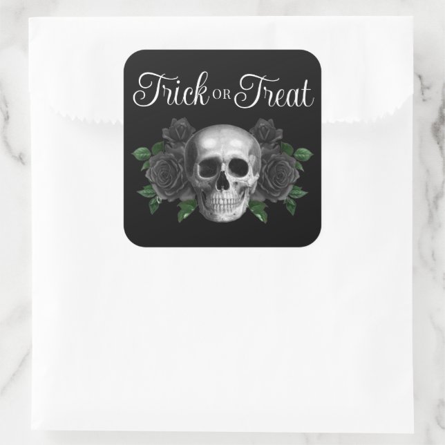 Black Gothic Floral Skull Trick Or Treat Halloween Square Sticker (Bag)