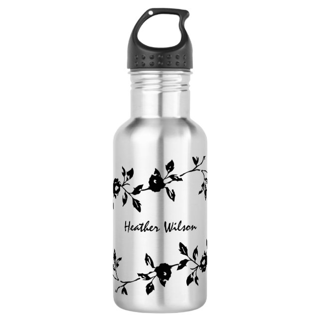 Black Gothic Floral Water Bottle with Name (Front)