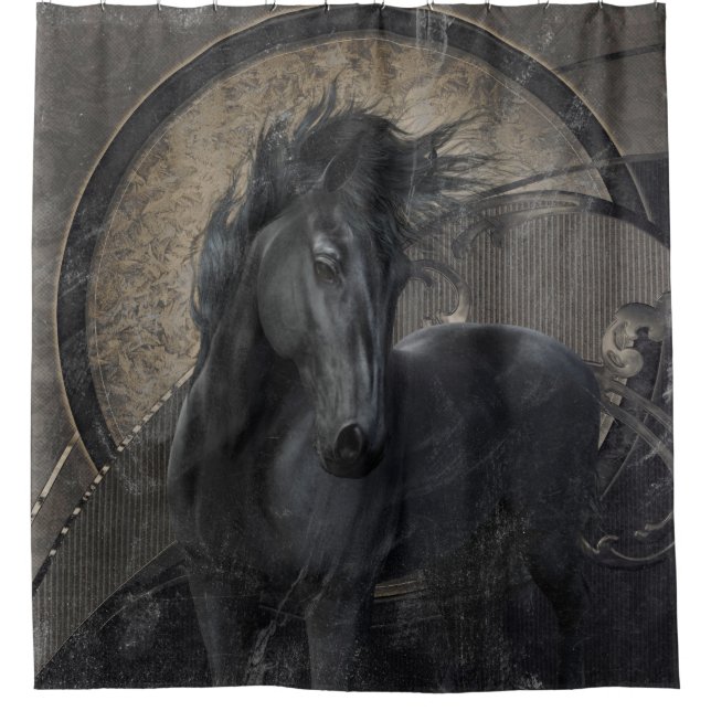 Black Gothic Friesian Horse Shower Curtain (Front)