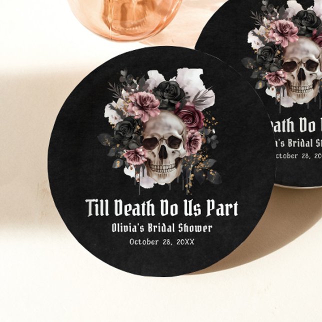 Black Gothic Halloween Floral Skull Bridal Shower Paper Plate (Creator Uploaded)