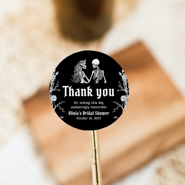 Black Gothic Halloween Skeleton Bridal Shower Classic Round Sticker (Creator Uploaded)