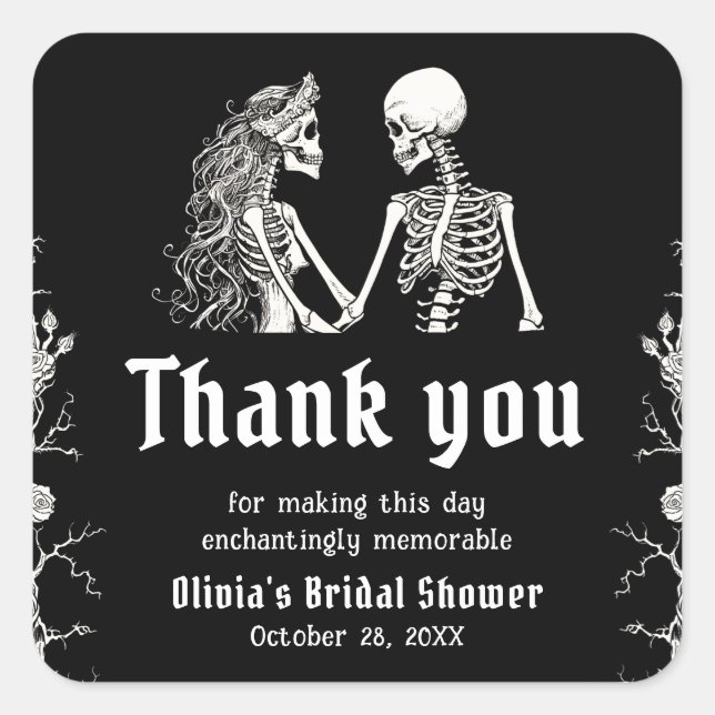 Black Gothic Halloween Skeleton Bridal Shower Square Sticker (Front)